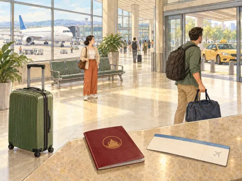 An airport arrival scene with a plane outside the upper-left window, a green suitcase in the foreground, a red passport and blue-edged airline ticket on the counter, a man holding a travel bag, a woman waiting near a bench, and a yellow taxi outside the glass exit doors.