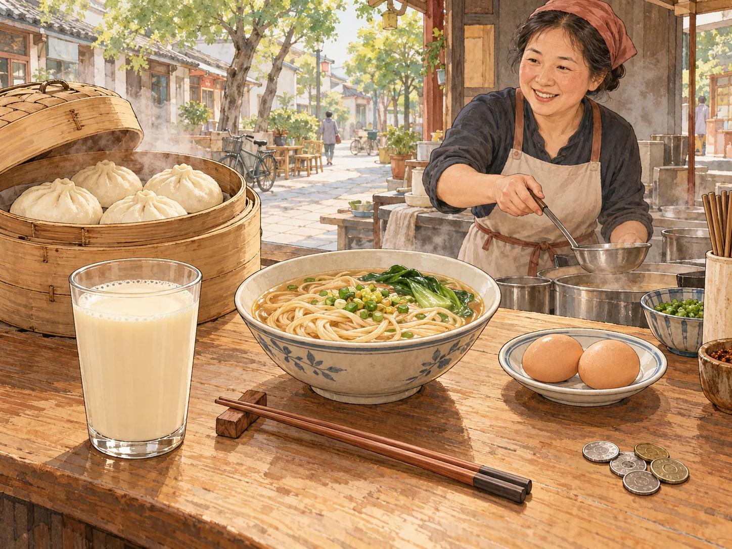 A Chinese breakfast stall with steamed buns, noodles, eggs, soy milk, a bowl, chopsticks and a purchase at the counter.